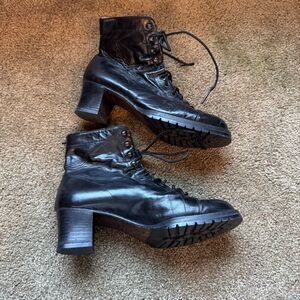 Yanko Ankle Boots Womens 7 Black Leather Lace Up Blocked Heel Bootie Chukka